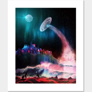 Waves At The Alien Beach As UFO Takes Off Into Space Posters and Art